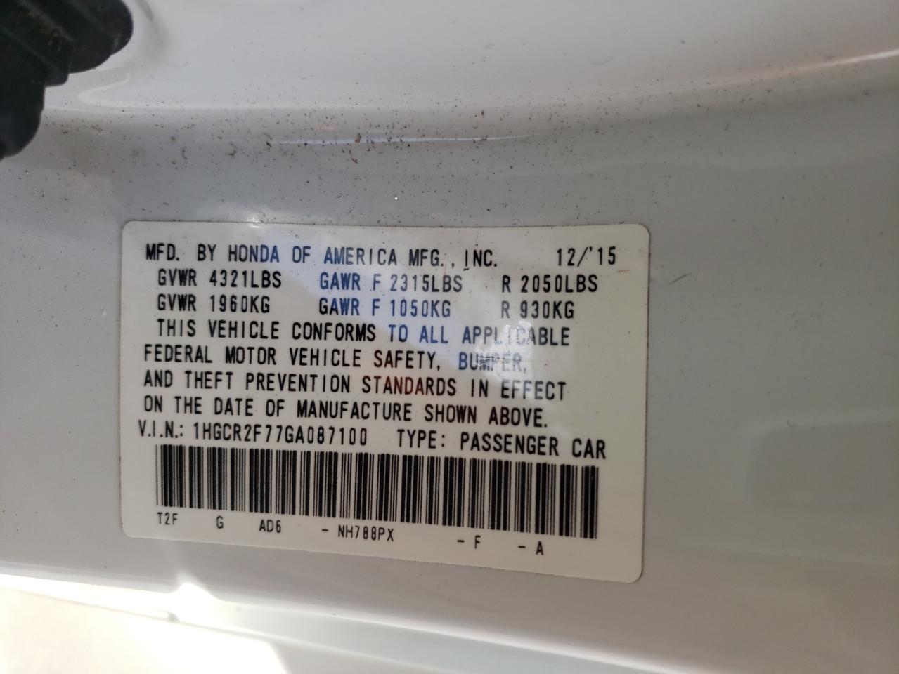 Photo 10 from auction – 2016 HONDA ACCORD EX with VIN 1HGCR2F77GA087100