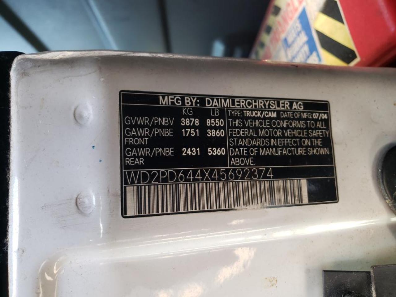 Photo 10 from auction – 2004 DODGE SPRINTER with VIN WD2PD644X45692374