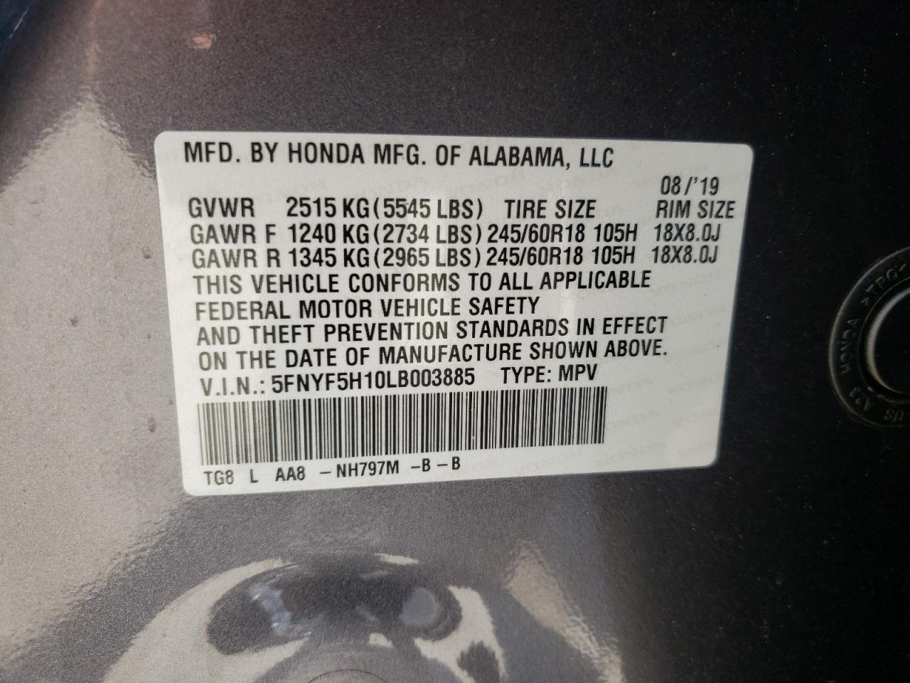 Photo 10 from auction – 2020 HONDA PILOT LX with VIN 5FNYF5H10LB003885
