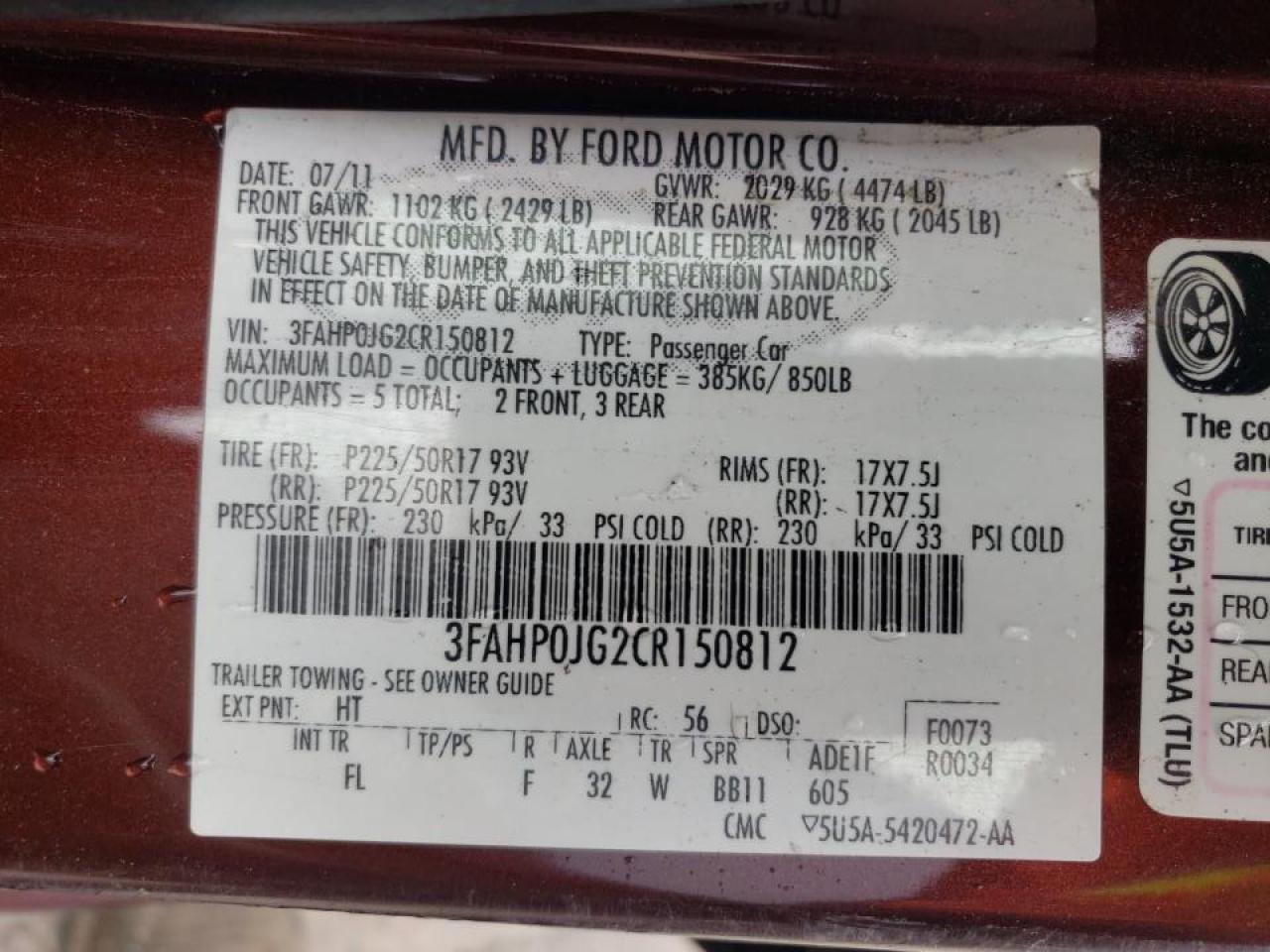 Photo 10 from auction – 2012 FORD FUSION SEL with VIN 3FAHP0JG2CR150812