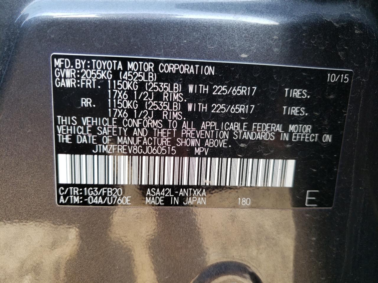 Photo 10 from auction – 2016 TOYOTA RAV4 LE with VIN JTMZFREV8GJ060515