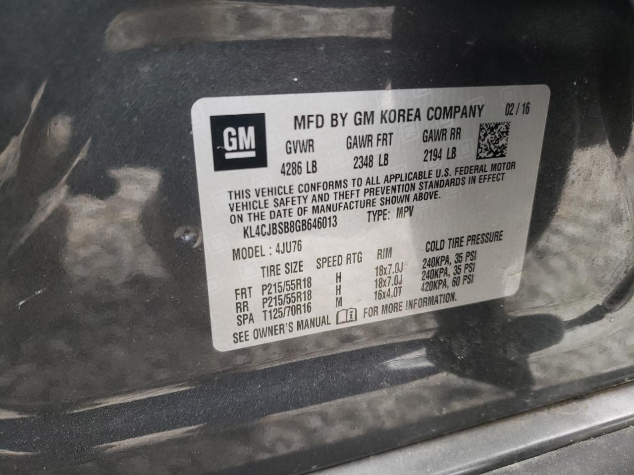 Photo 10 from auction – 2016 BUICK ENCORE CON with VIN KL4CJBSB8GB646013