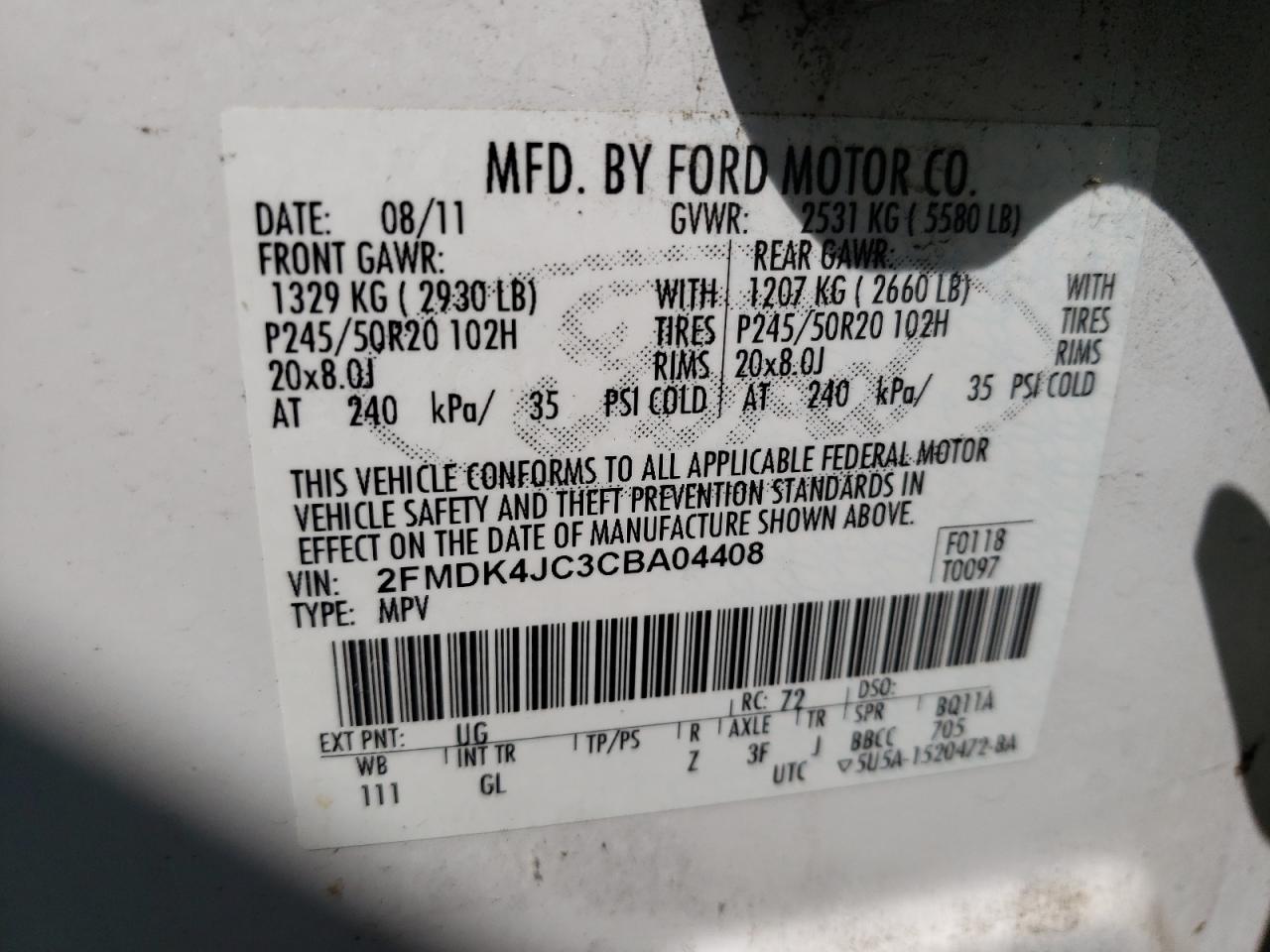 Photo 10 from auction – 2012 FORD EDGE SEL with VIN 2FMDK4JC3CBA04408