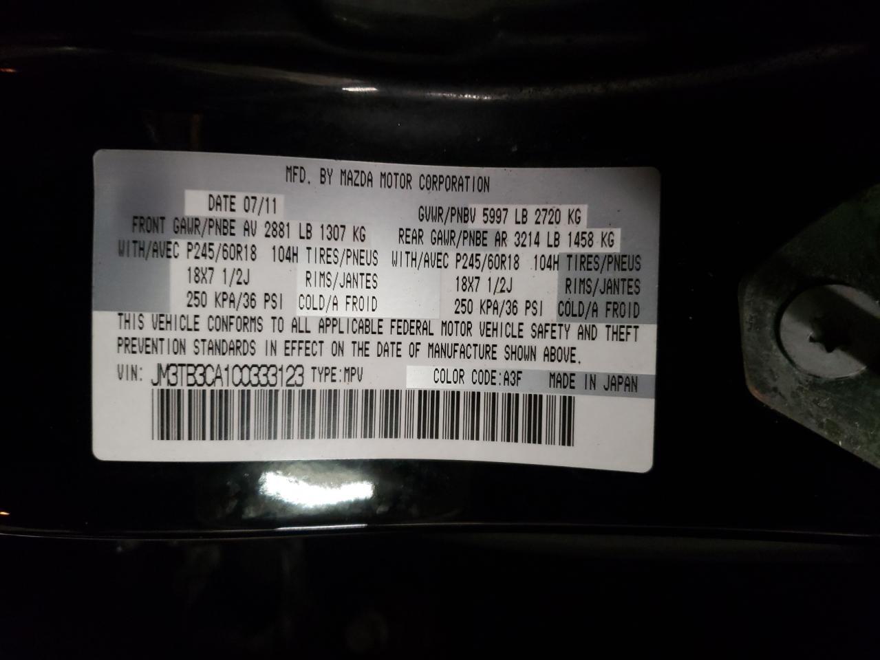 Photo 10 from auction – 2012 MAZDA CX-9 with VIN JM3TB3CA1C0333123