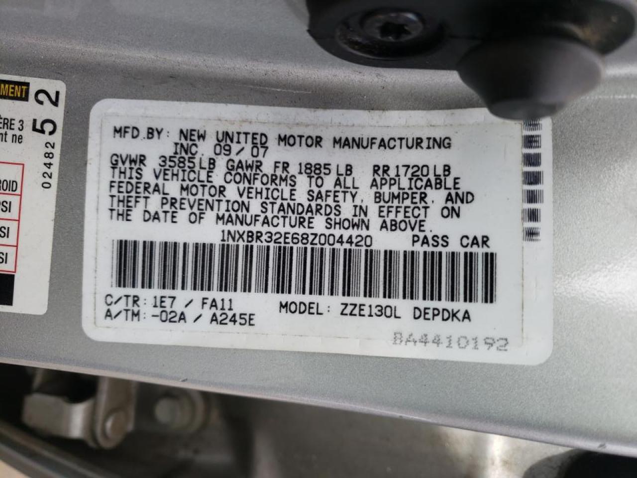 Photo 10 from auction – 2008 TOYOTA COROLLA CE with VIN 1NXBR32E68Z004420