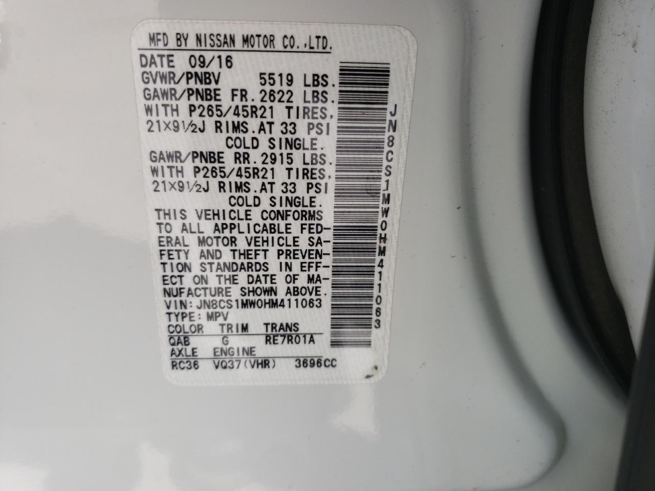 Photo 10 from auction – 2017 INFINITI QX70 with VIN JN8CS1MW0HM411063
