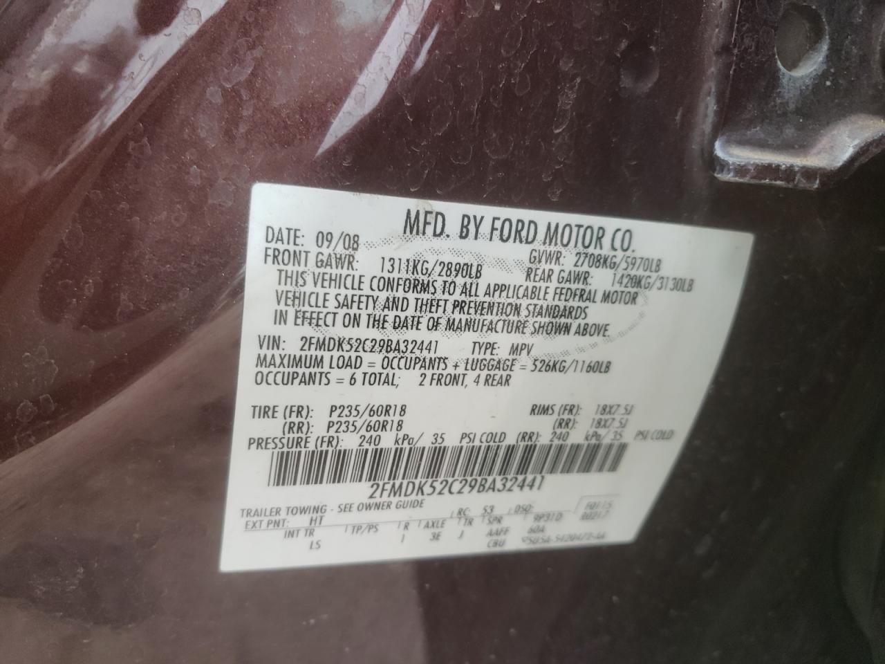 Photo 10 from auction – 2009 FORD FLEX SEL with VIN 2FMDK52C29BA32441