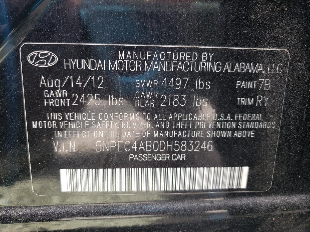Photo 10 from auction – 2013 HYUNDAI SONATA SE with VIN 5NPEC4AB0DH583246