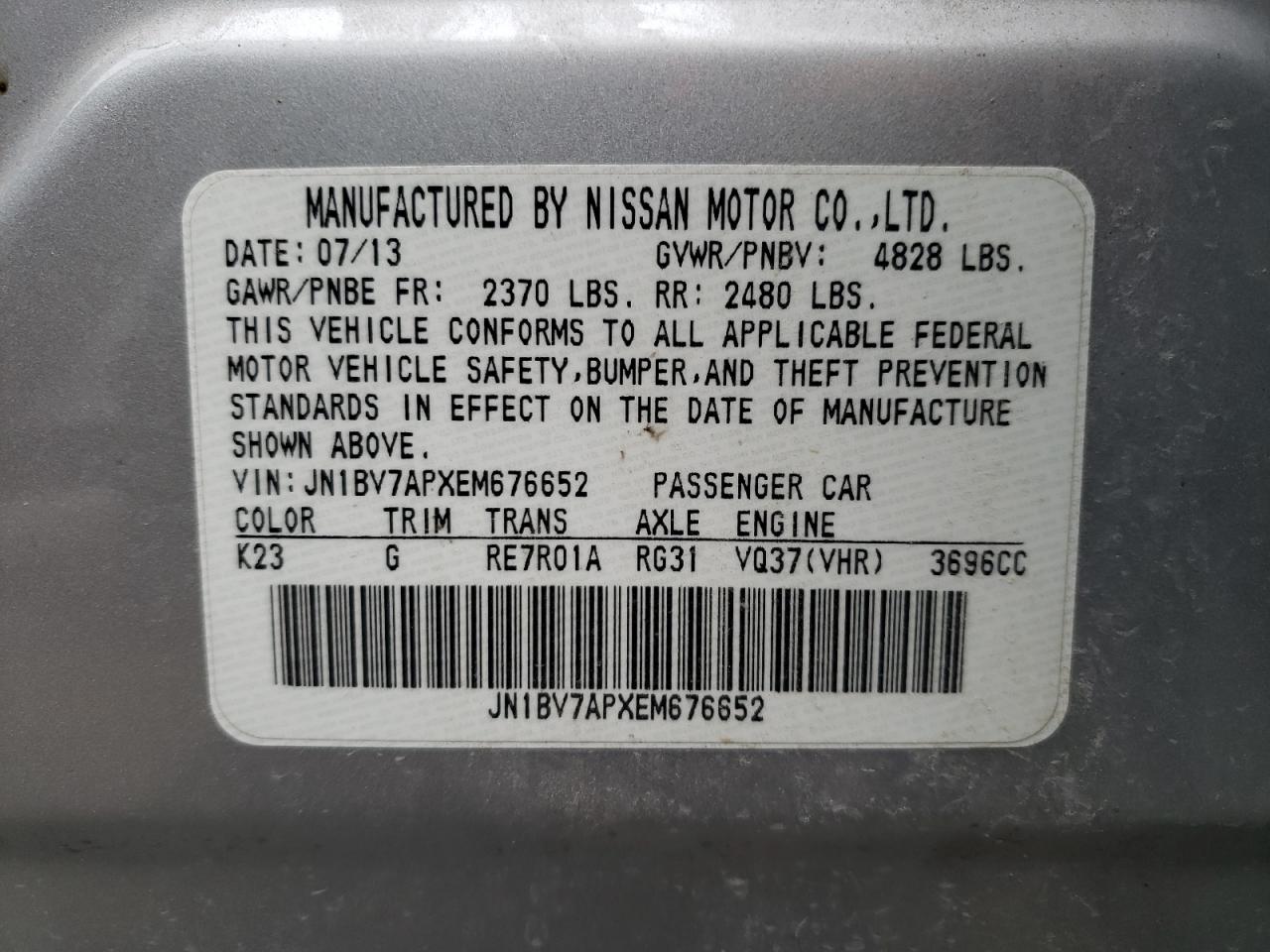 Photo 10 from auction – 2014 INFINITI Q50 BASE with VIN JN1BV7APXEM676652