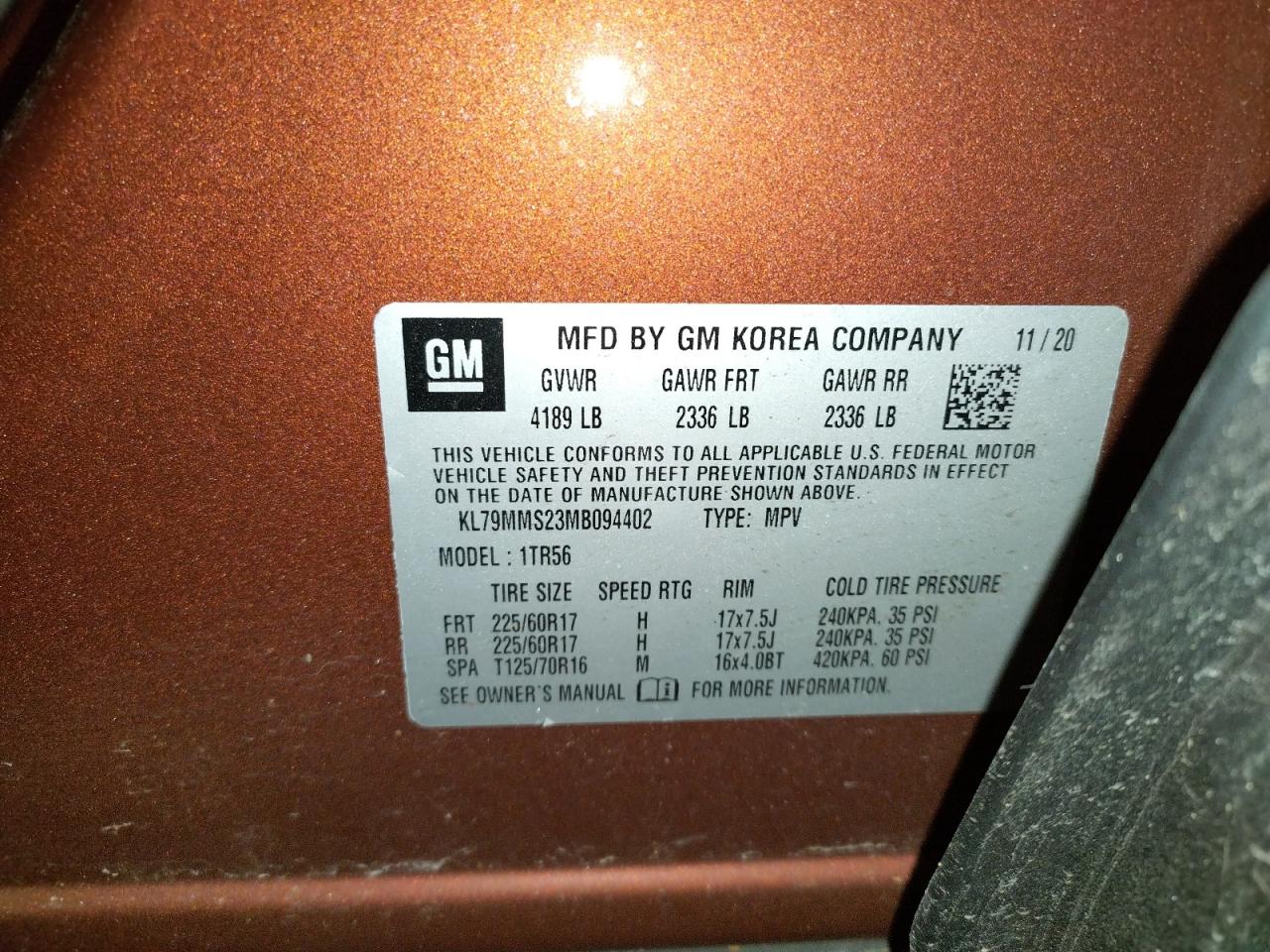 Photo 10 from auction – 2021 CHEVROLET TRAILBLAZE with VIN KL79MMS23MB094402