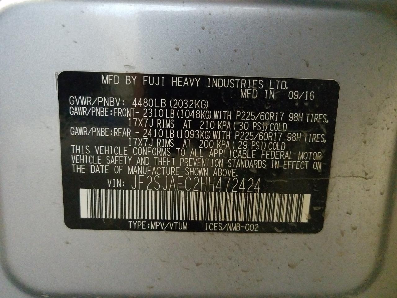 Photo 10 from auction – 2017 SUBARU FORESTER 2 with VIN JF2SJAEC2HH472424
