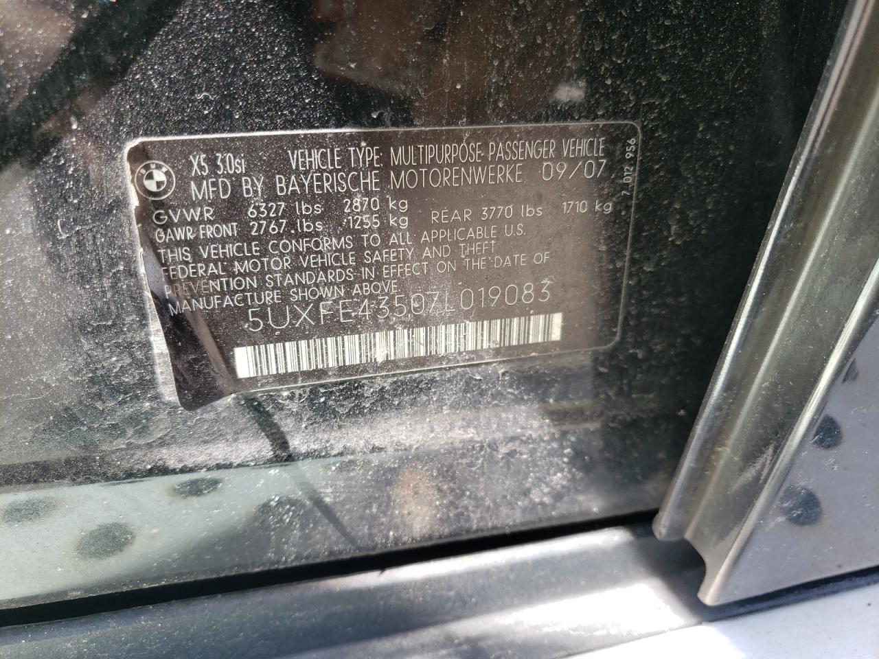 Photo 10 from auction – 2007 BMW X5 3.0I with VIN 5UXFE43507L019083