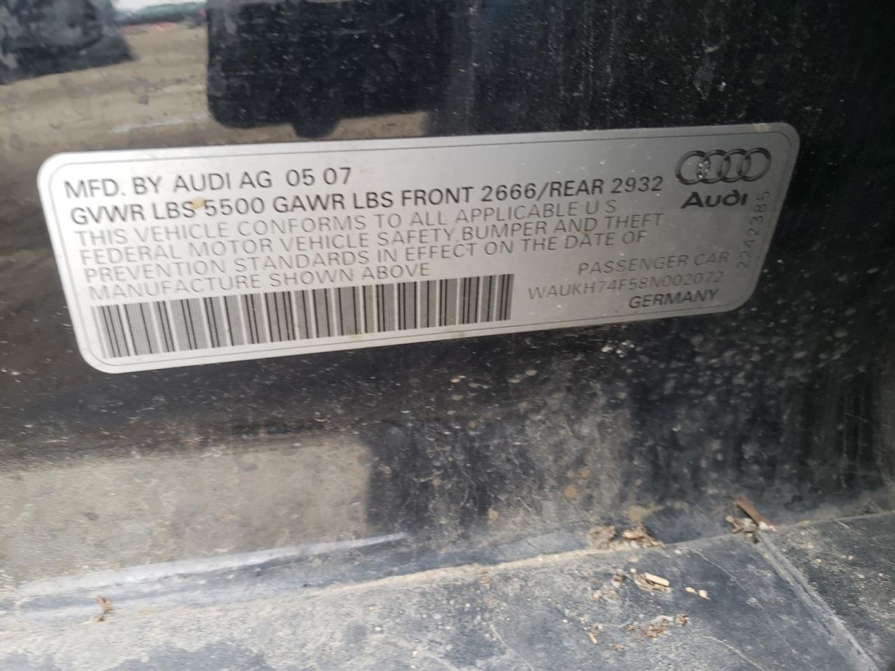 Photo 10 from auction – 2008 AUDI A6 AVANT Q with VIN WAUKH74F58N002072