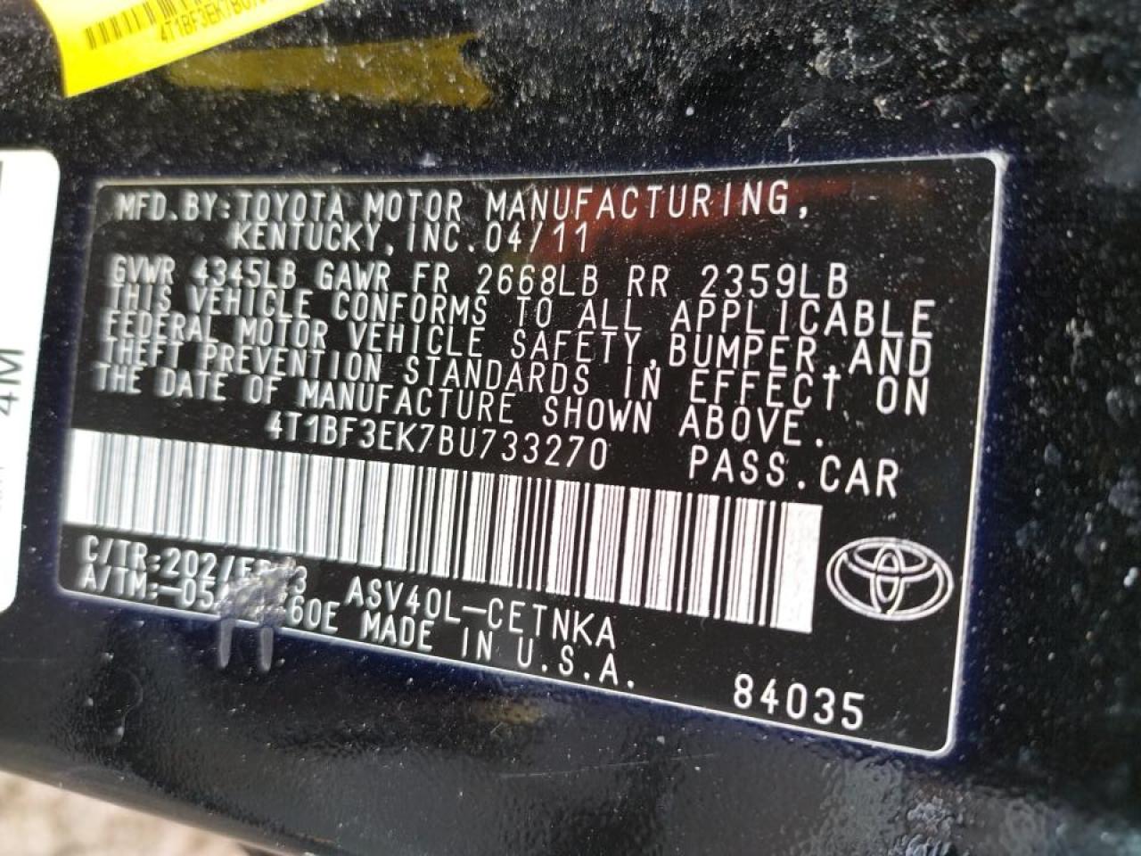 Photo 10 from auction – 2011 TOYOTA CAMRY BASE with VIN 4T1BF3EK7BU733270