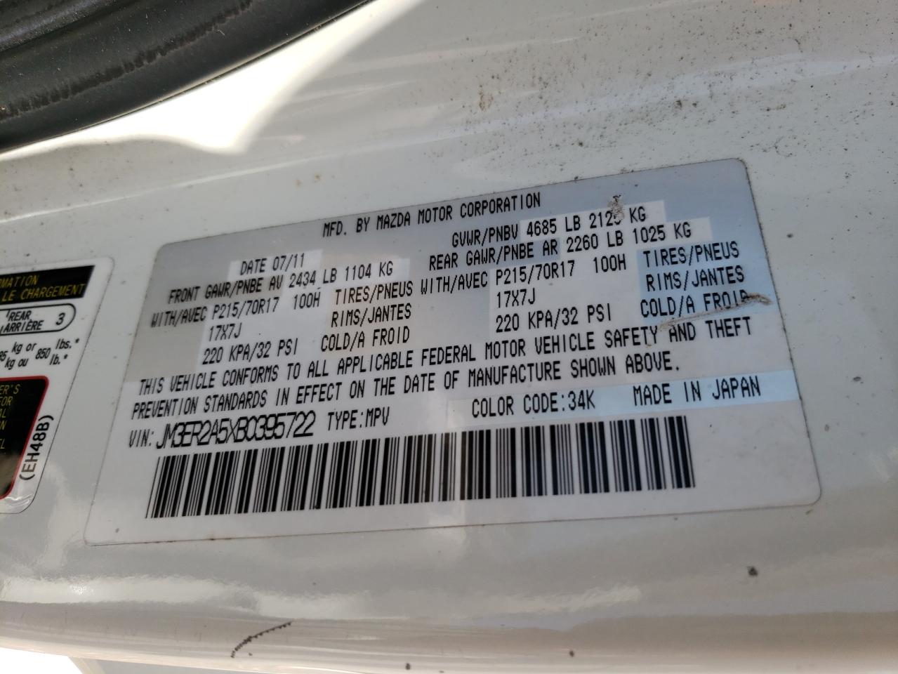 Photo 10 from auction – 2011 MAZDA CX-7 with VIN JM3ER2A5XB0395722