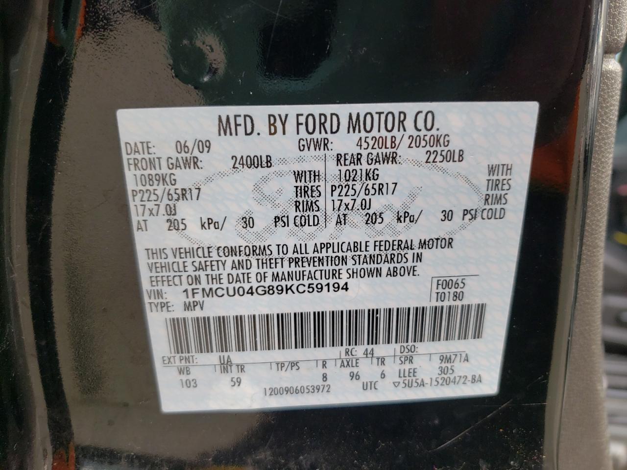 Photo 10 from auction – 2009 FORD ESCAPE LIM with VIN 1FMCU04G89KC59194