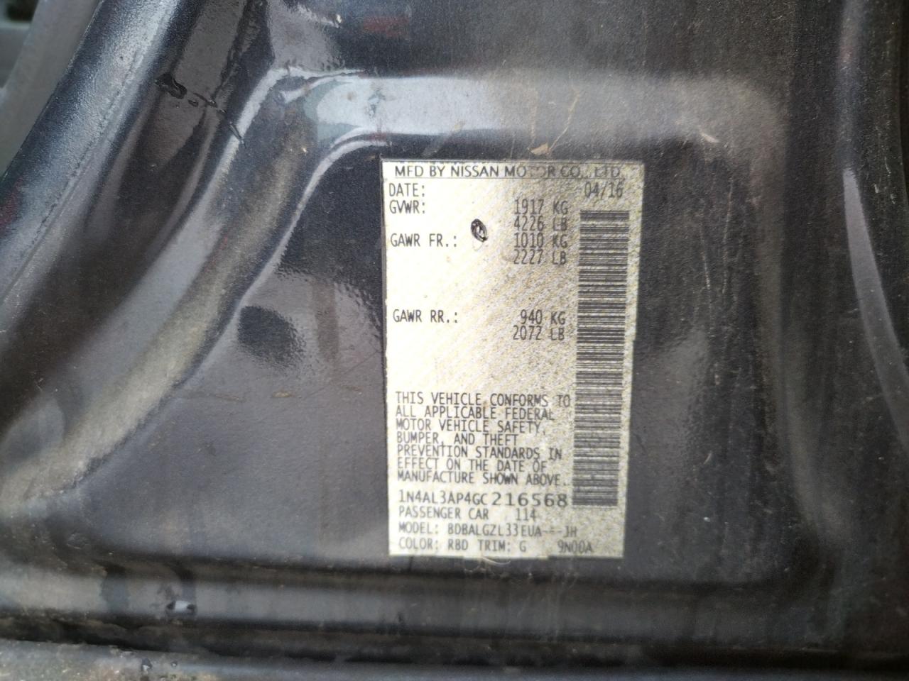 Photo 10 from auction – 2016 NISSAN ALTIMA 2.5 with VIN 1N4AL3AP4GC216568