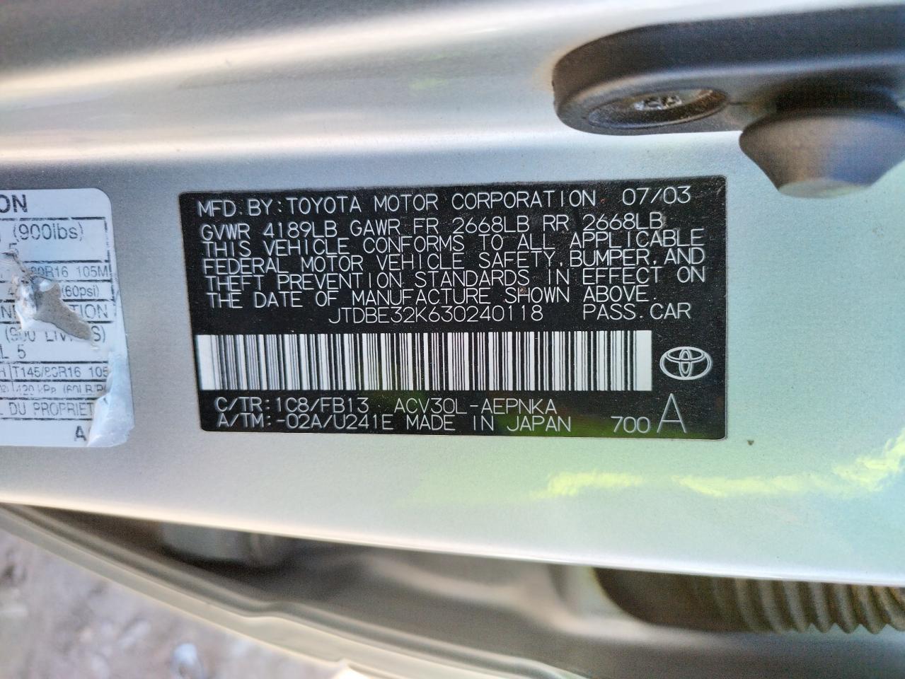 Photo 10 from auction – 2003 TOYOTA CAMRY LE with VIN JTDBE32K630240118
