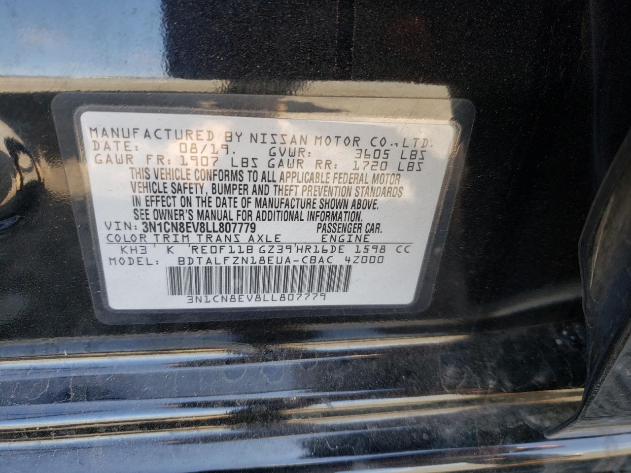Photo 10 from auction – 2020 NISSAN VERSA SV with VIN 3N1CN8EV8LL807779