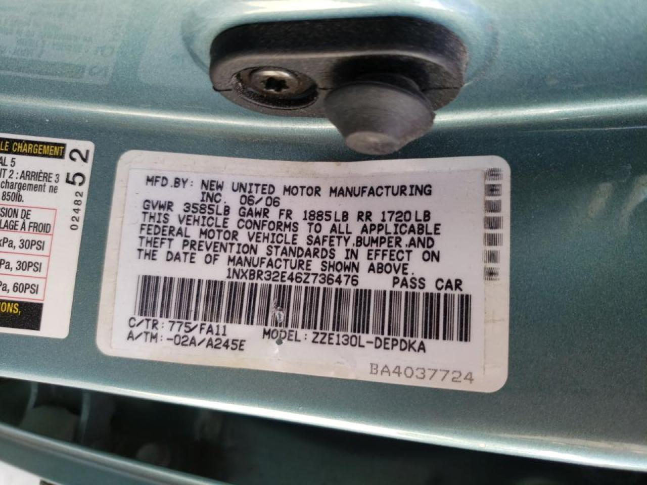 Photo 10 from auction – 2006 TOYOTA COROLLA CE with VIN 1NXBR32E46Z736476
