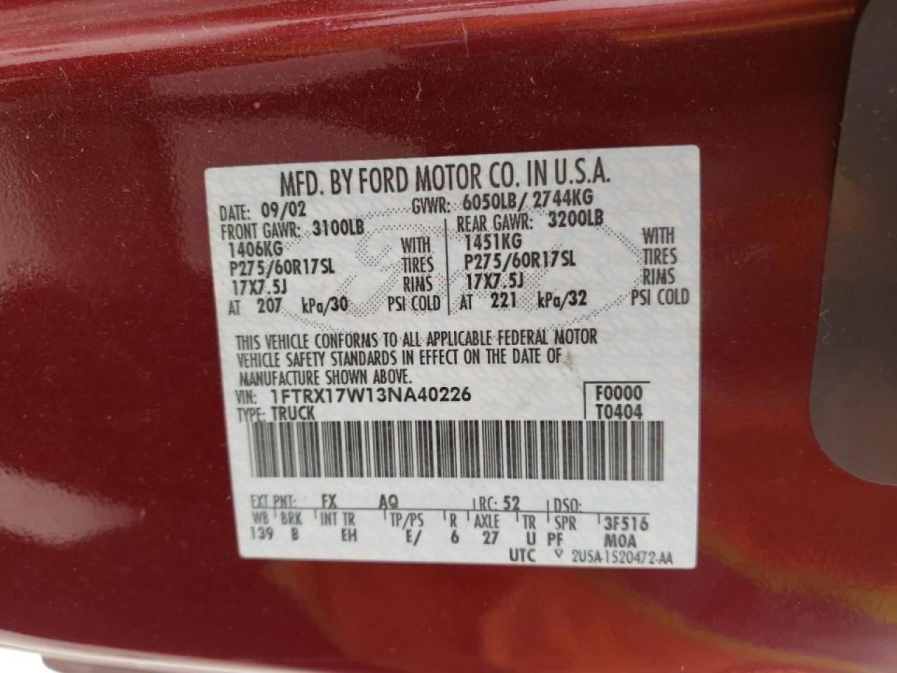 Photo 10 from auction – 2003 FORD F150 with VIN 1FTRX17W13NA40226