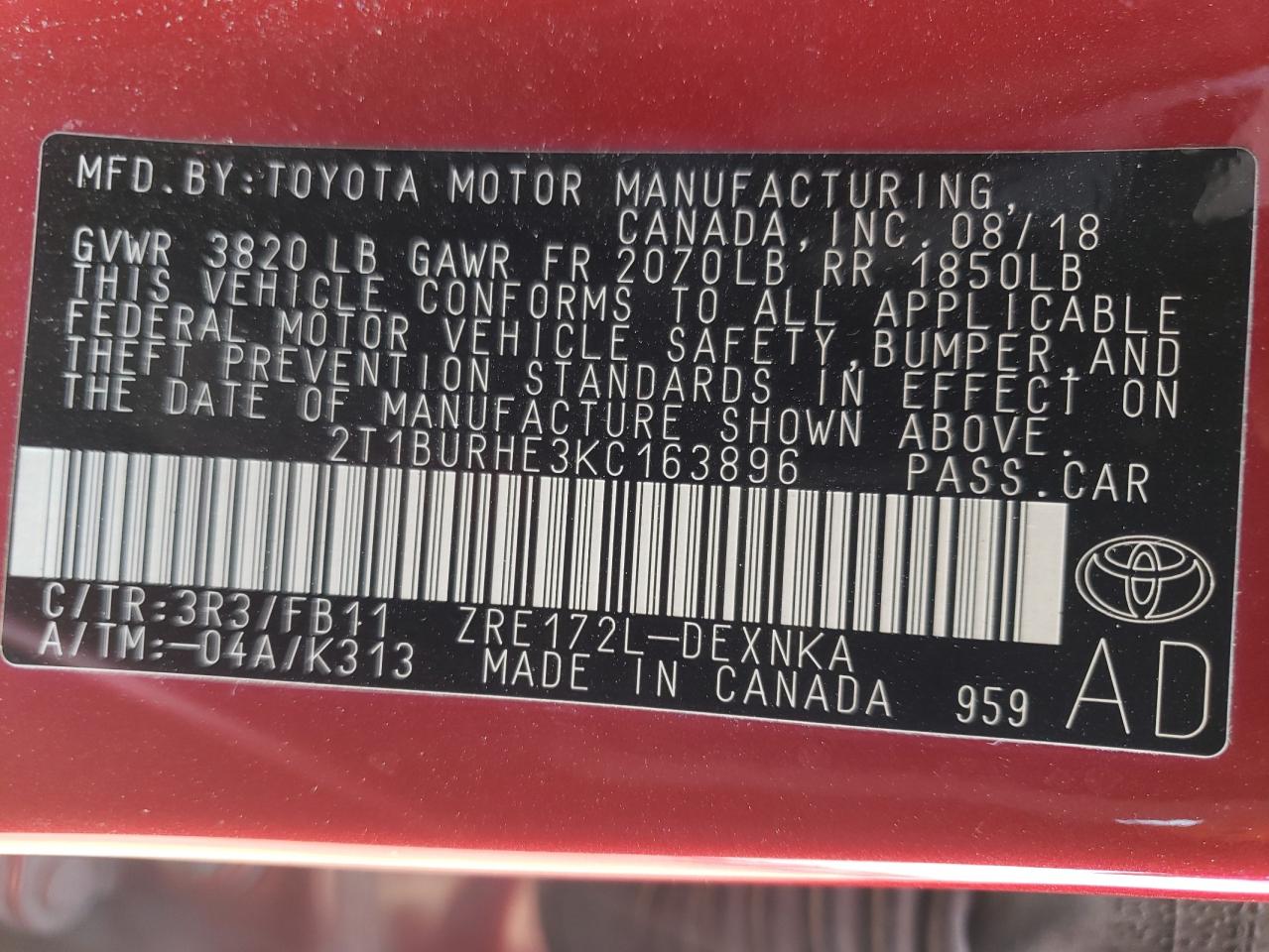 Photo 10 from auction – 2019 TOYOTA COROLLA L with VIN 2T1BURHE3KC163896