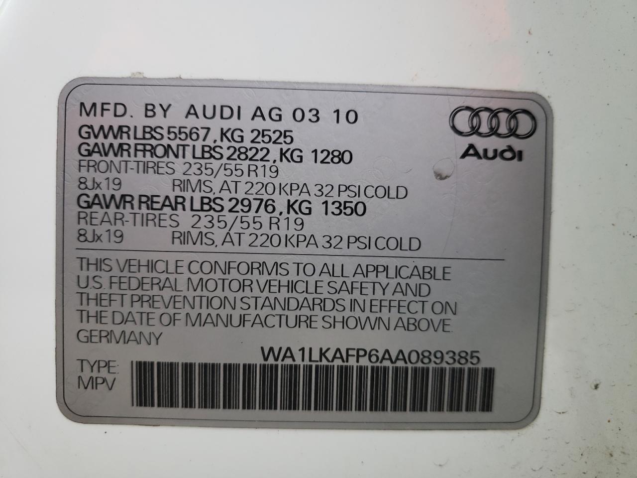 Photo 10 from auction – 2010 AUDI Q5 PREMIUM with VIN WA1LKAFP6AA089385