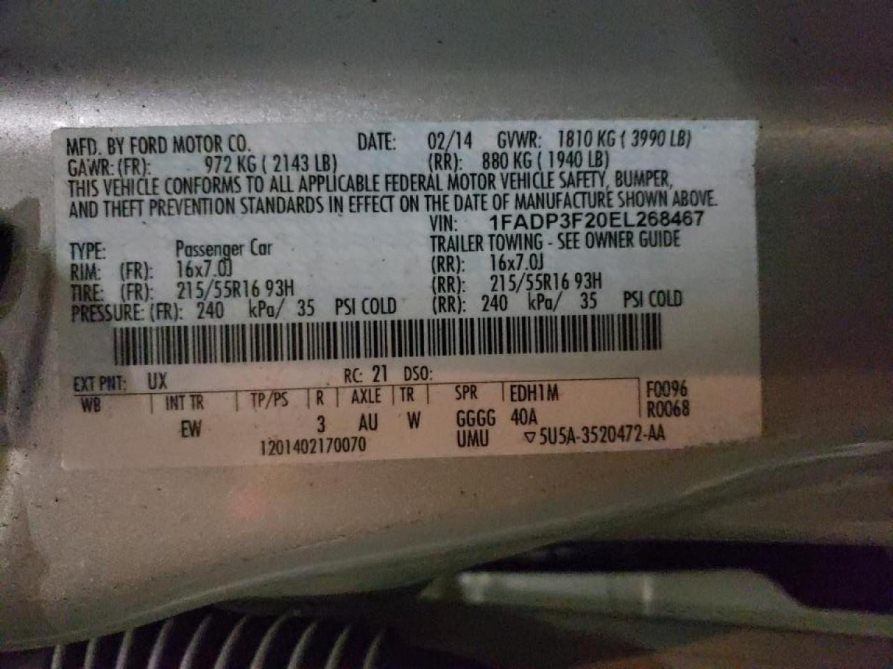 Photo 10 from auction – 2014 FORD FOCUS SE with VIN 1FADP3F20EL268467