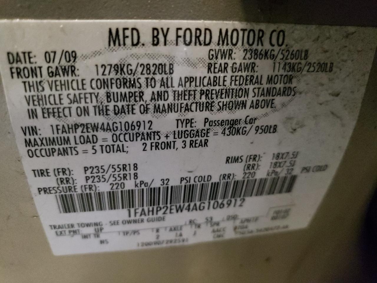 Photo 10 from auction – 2010 FORD TAURUS SEL with VIN 1FAHP2EW4AG106912