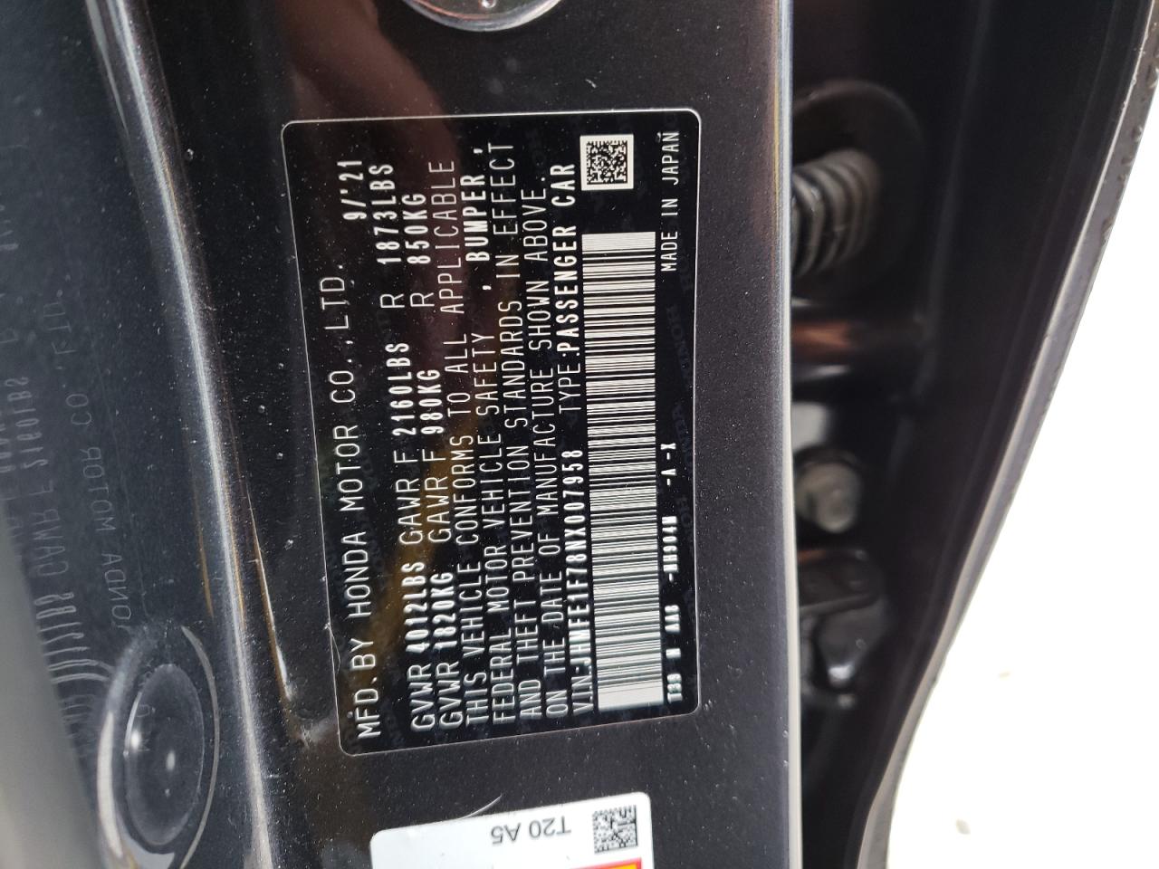 Photo 10 from auction – 2022 HONDA CIVIC EX with VIN JHMFE1F78NX007958
