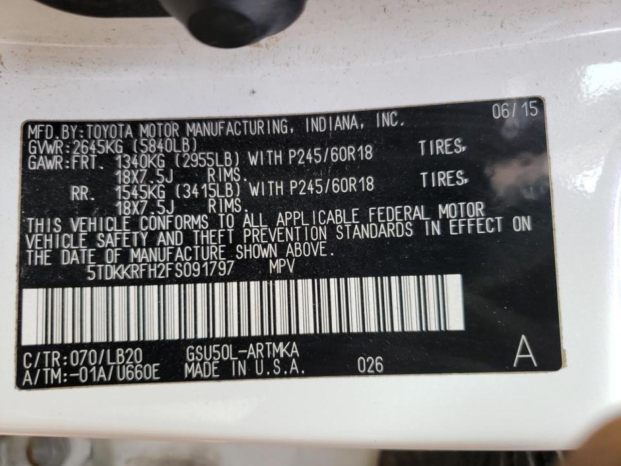 Photo 10 from auction – 2015 TOYOTA HIGHLANDER with VIN 5TDKKRFH2FS091797