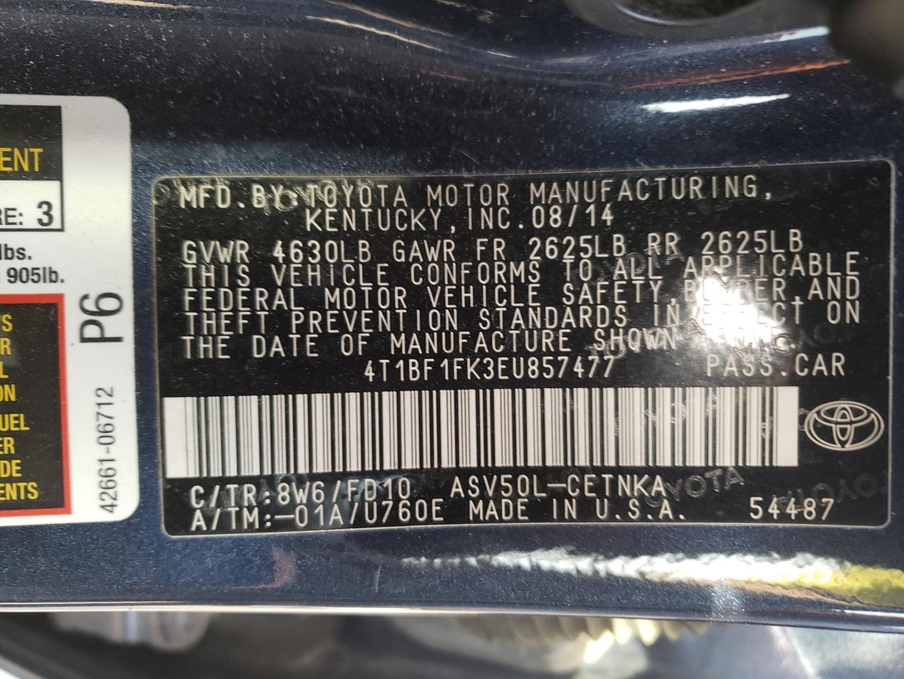 Photo 10 from auction – 2014 TOYOTA CAMRY L with VIN 4T1BF1FK3EU857477