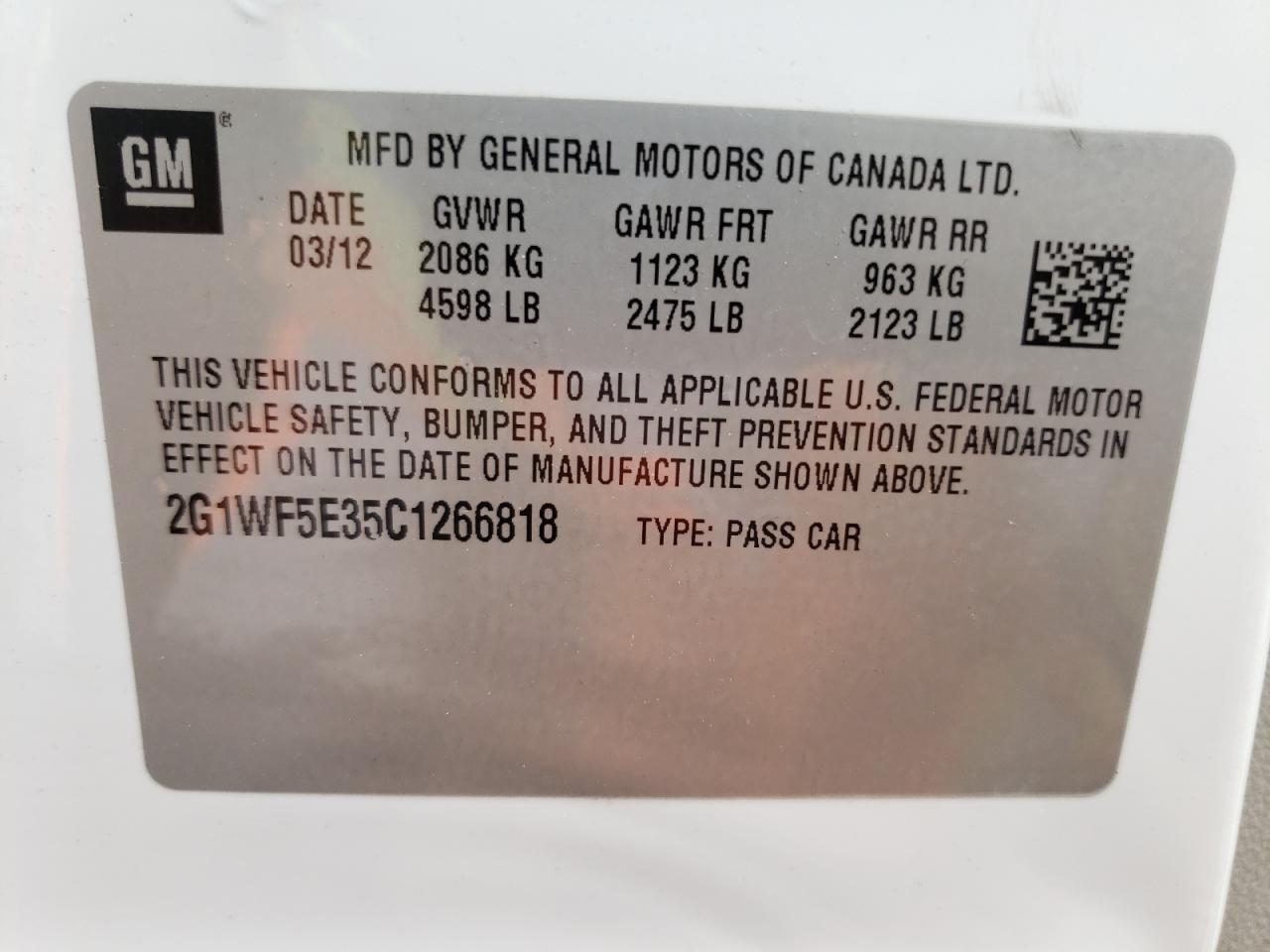 Photo 10 from auction – 2012 CHEVROLET IMPALA LS with VIN 2G1WF5E35C1266818