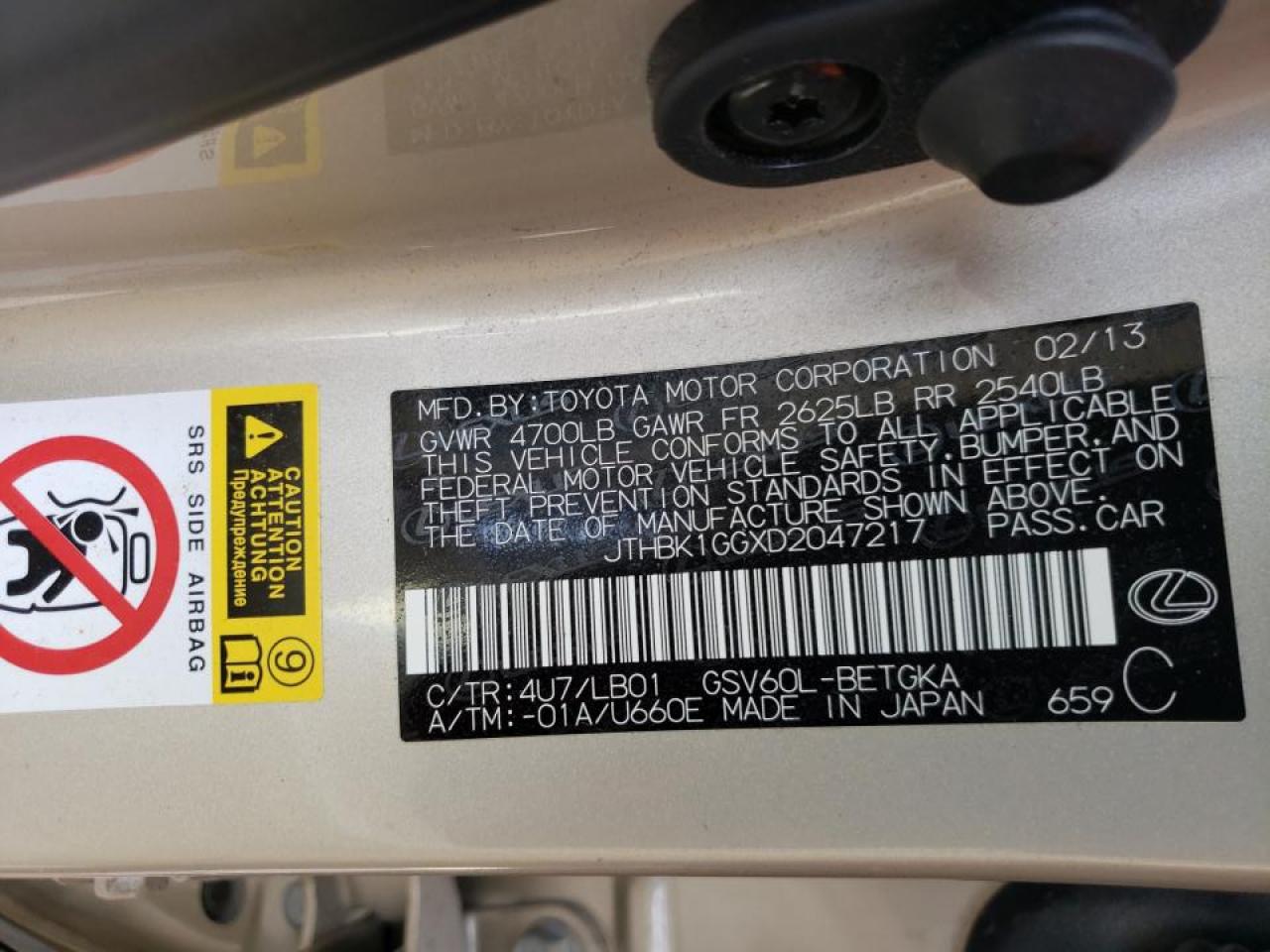 Photo 10 from auction – 2013 LEXUS ES 350 with VIN JTHBK1GGXD2047217