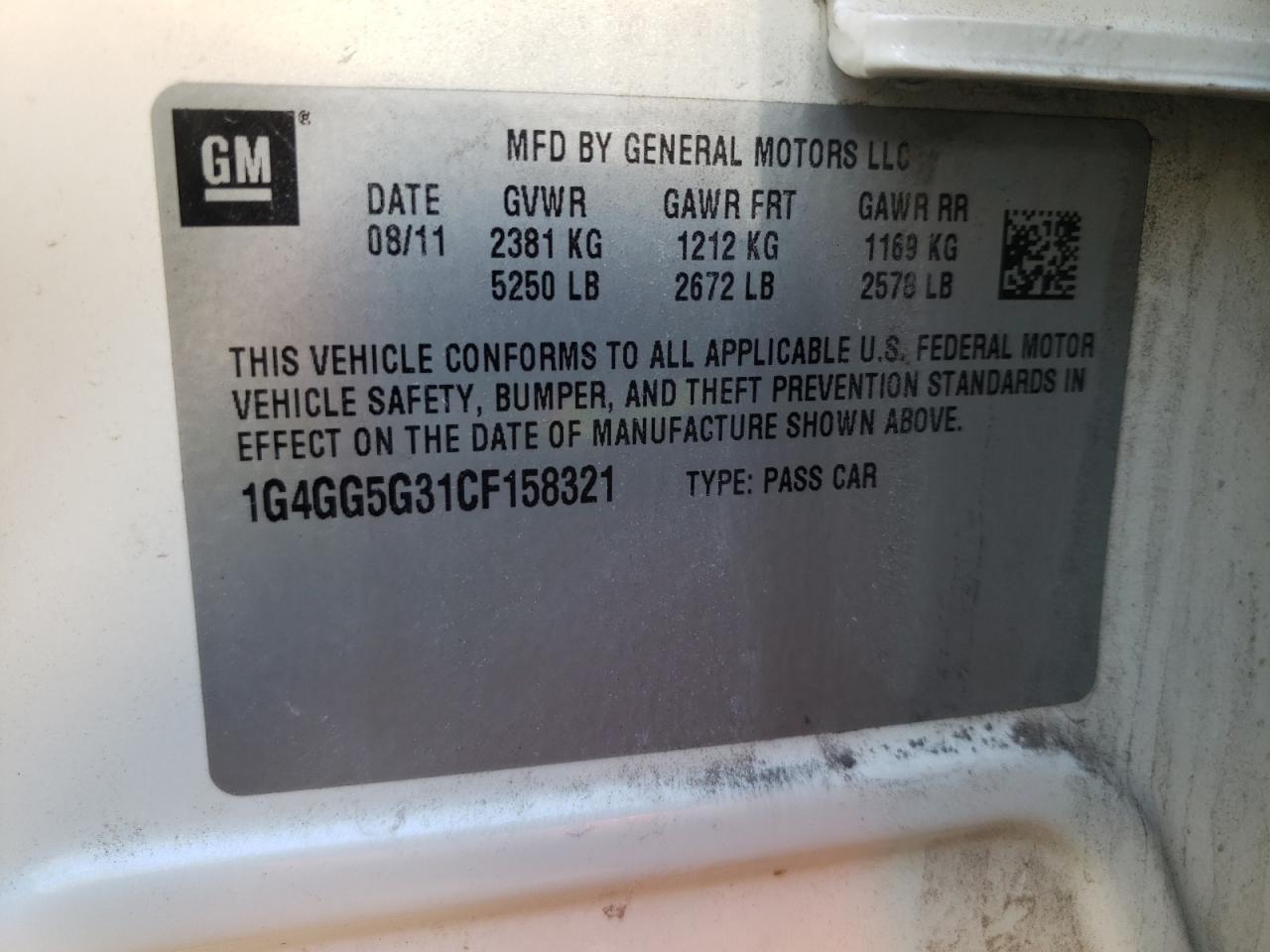 Photo 10 from auction – 2012 BUICK LACROSSE P with VIN 1G4GG5G31CF158321