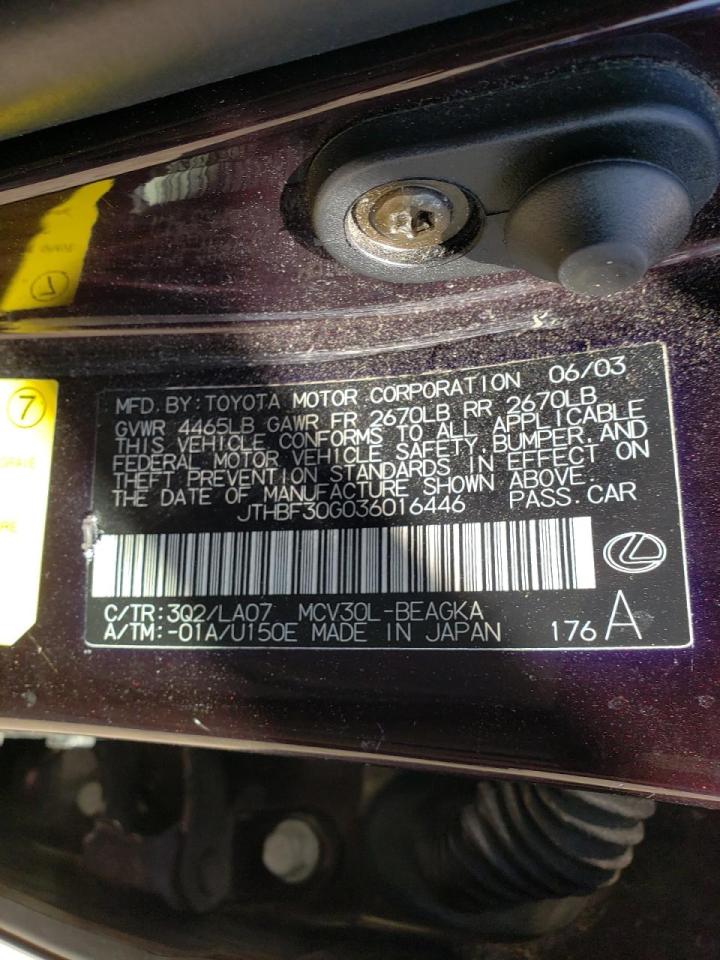 Photo 10 from auction – 2003 LEXUS ES 300 with VIN JTHBF30G036016446