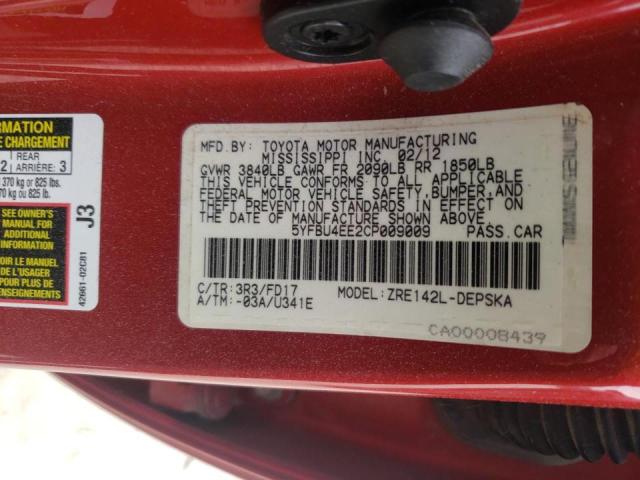 Photo 10 from auction – 2012 TOYOTA COROLLA BA with VIN 5YFBU4EE2CP009009