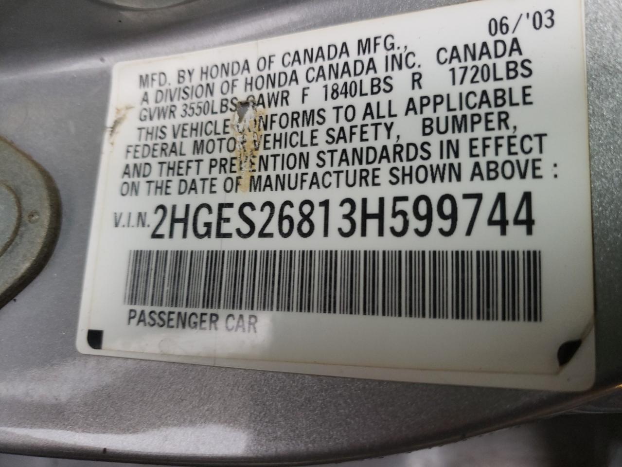 Photo 10 from auction – 2003 HONDA CIVIC EX with VIN 2HGES26813H599744