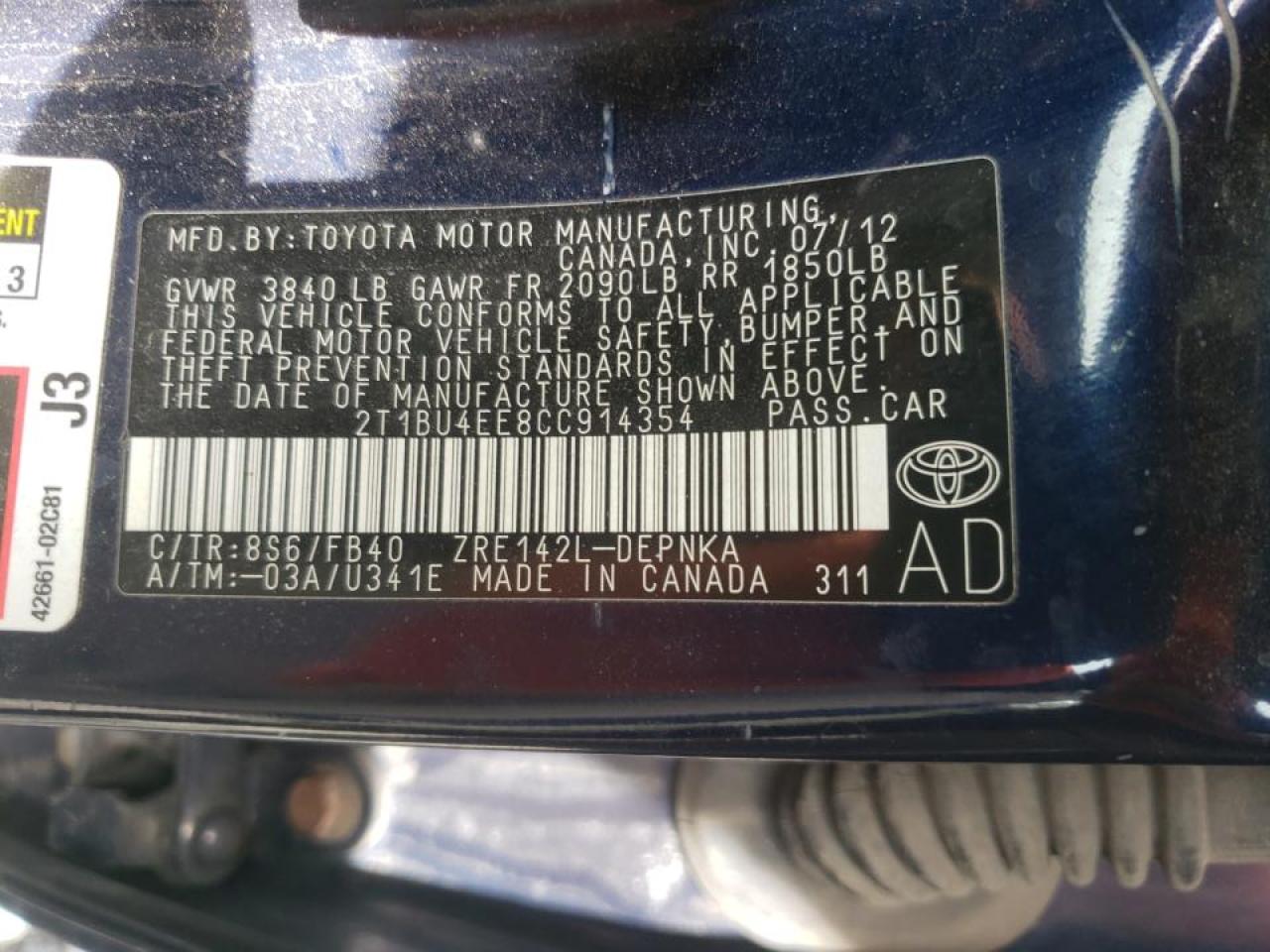 Photo 10 from auction – 2012 TOYOTA COROLLA BA with VIN 2T1BU4EE8CC914354
