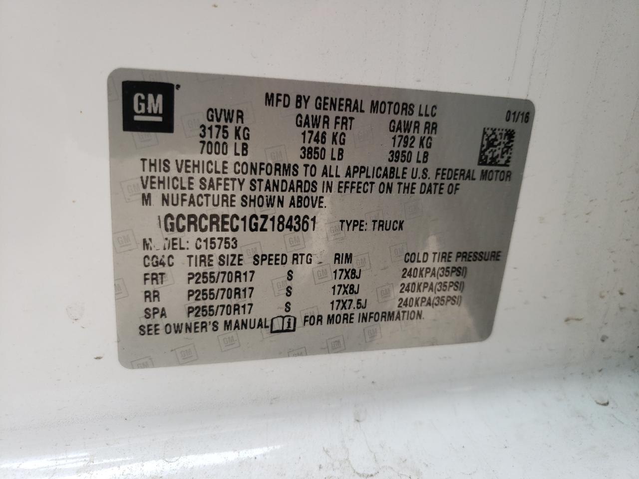 Photo 10 from auction – 2016 CHEVROLET SILVERADO with VIN 1GCRCREC1GZ184361