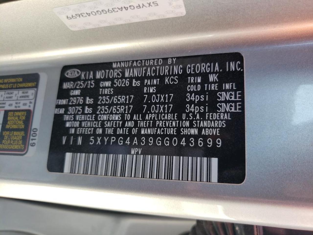 Photo 10 from auction – 2016 KIA SORENTO LX with VIN 5XYPG4A39GG043699