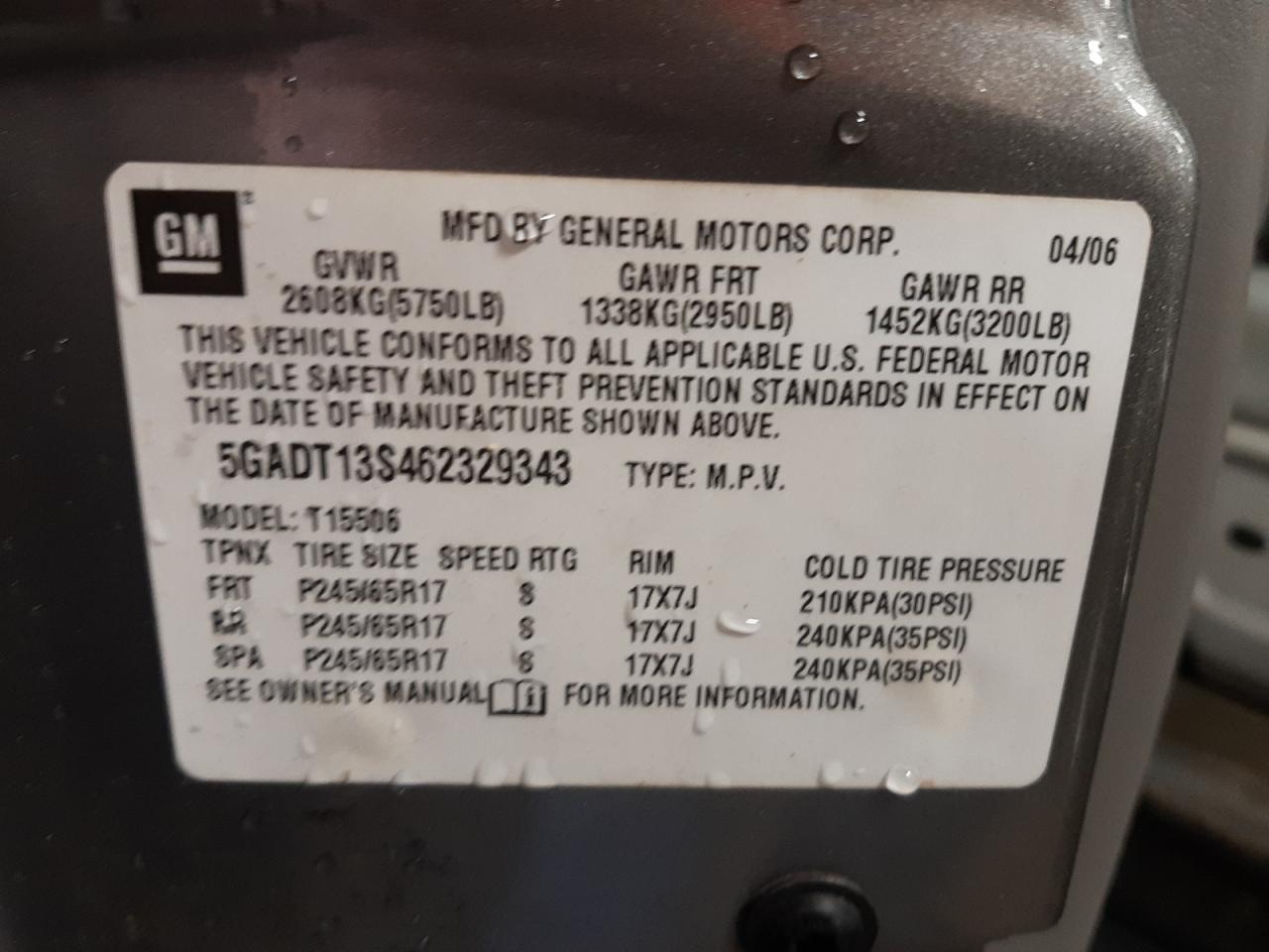 Photo 10 from auction – 2006 BUICK RAINIER CX with VIN 5GADT13S462329343