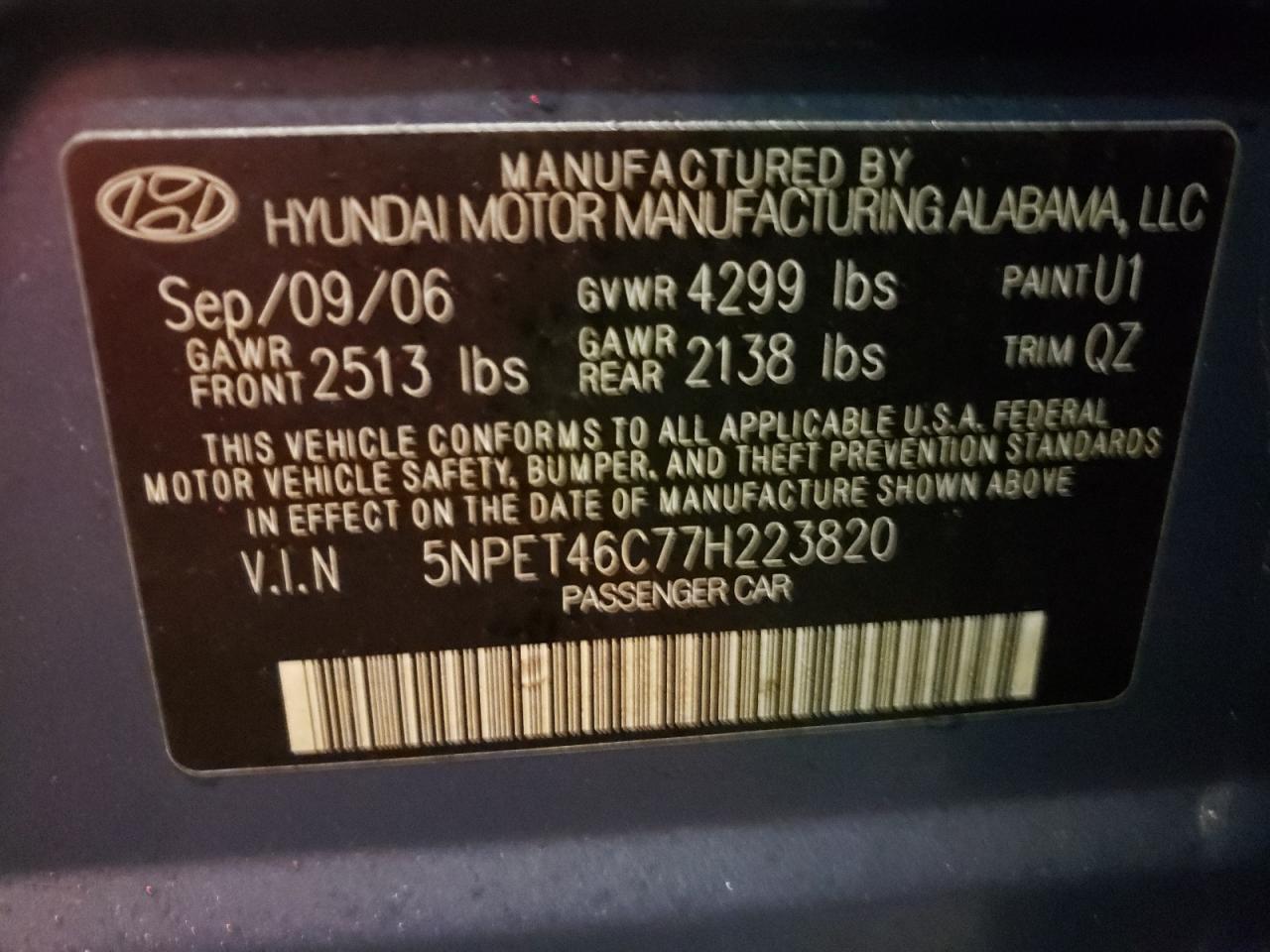 Photo 10 from auction – 2007 HYUNDAI SONATA GLS with VIN 5NPET46C77H223820
