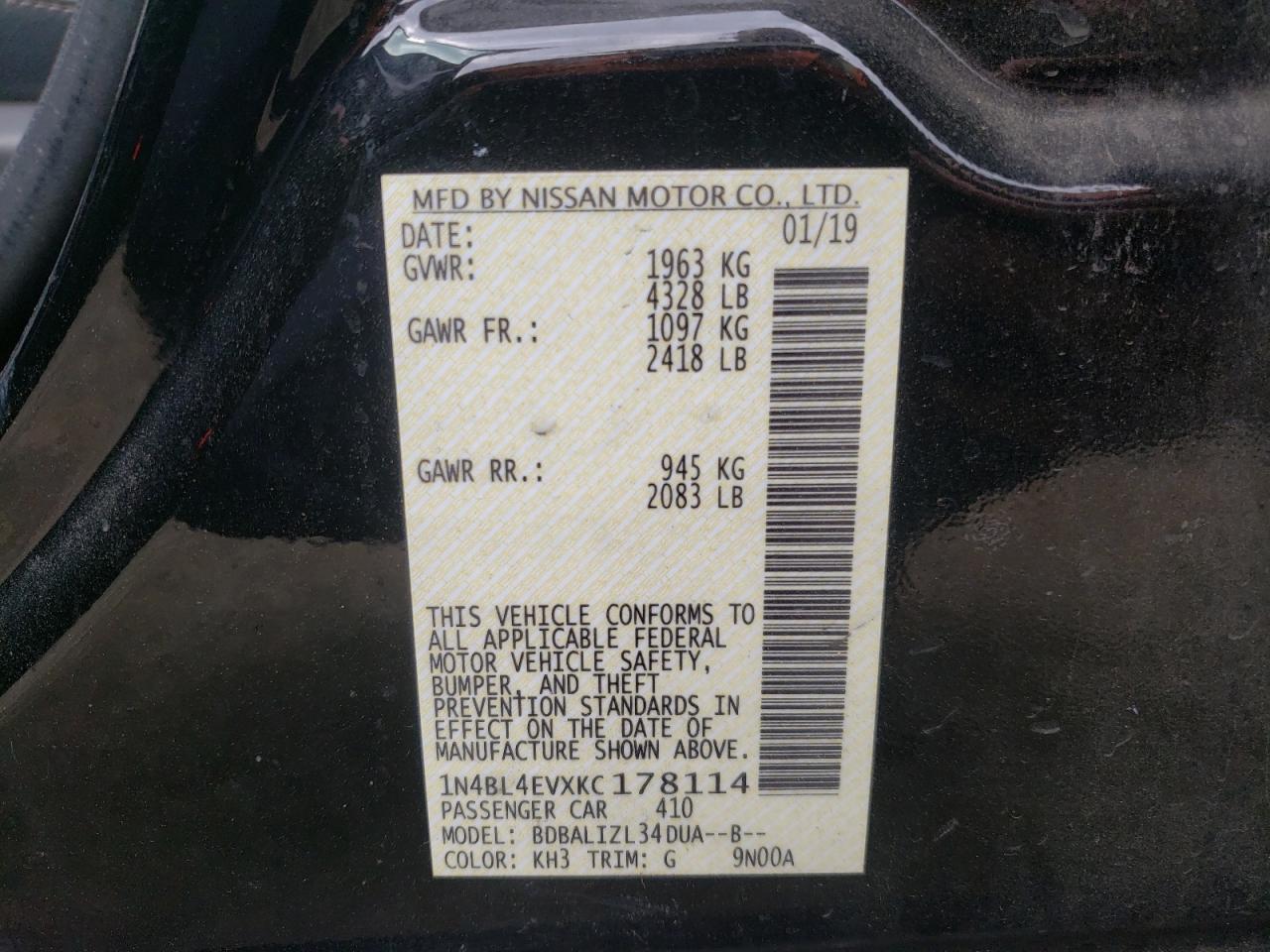 Photo 10 from auction – 2019 NISSAN ALTIMA SL with VIN 1N4BL4EVXKC178114