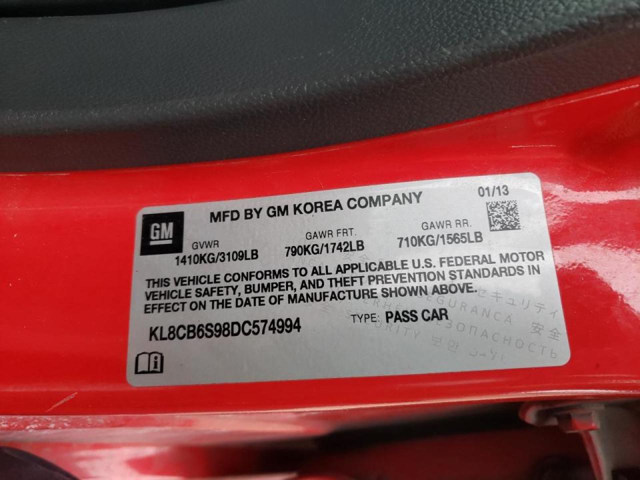 Photo 10 from auction – 2013 CHEVROLET SPARK LS with VIN KL8CB6S98DC574994
