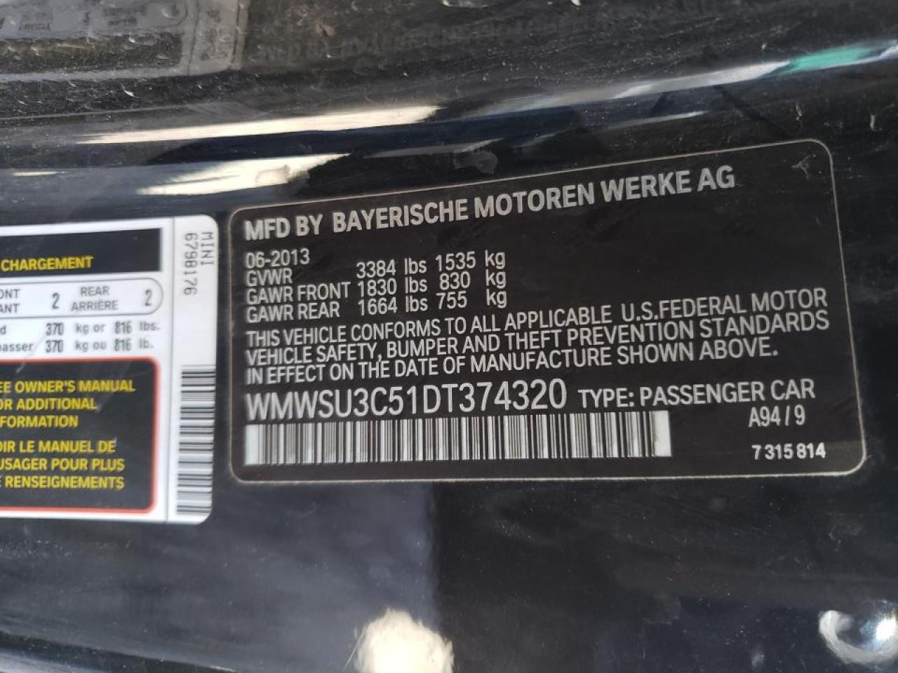 Photo 10 from auction – 2013 MINI COOPER with VIN WMWSU3C51DT374320