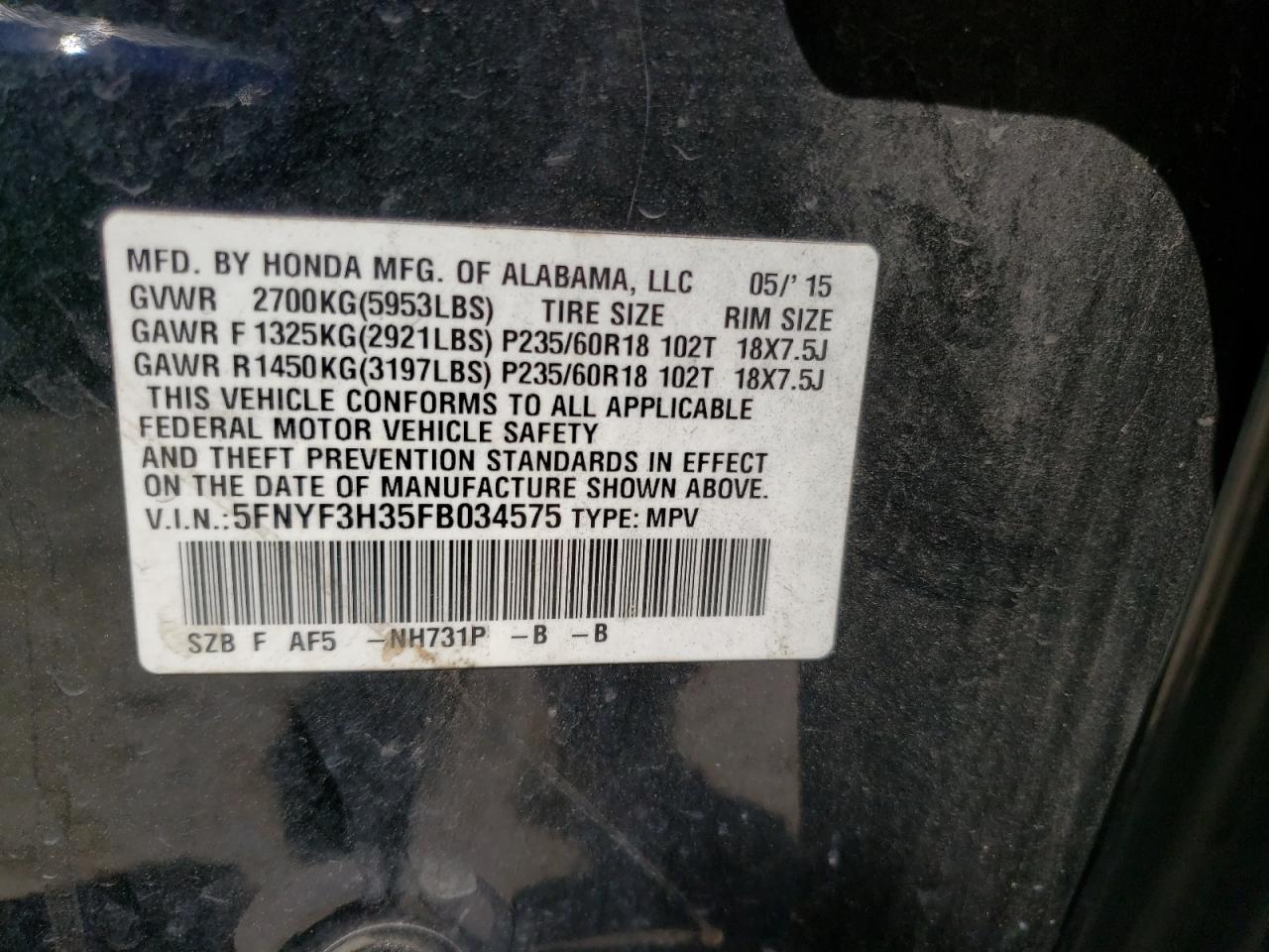 Photo 10 from auction – 2015 HONDA PILOT SE with VIN 5FNYF3H35FB034575