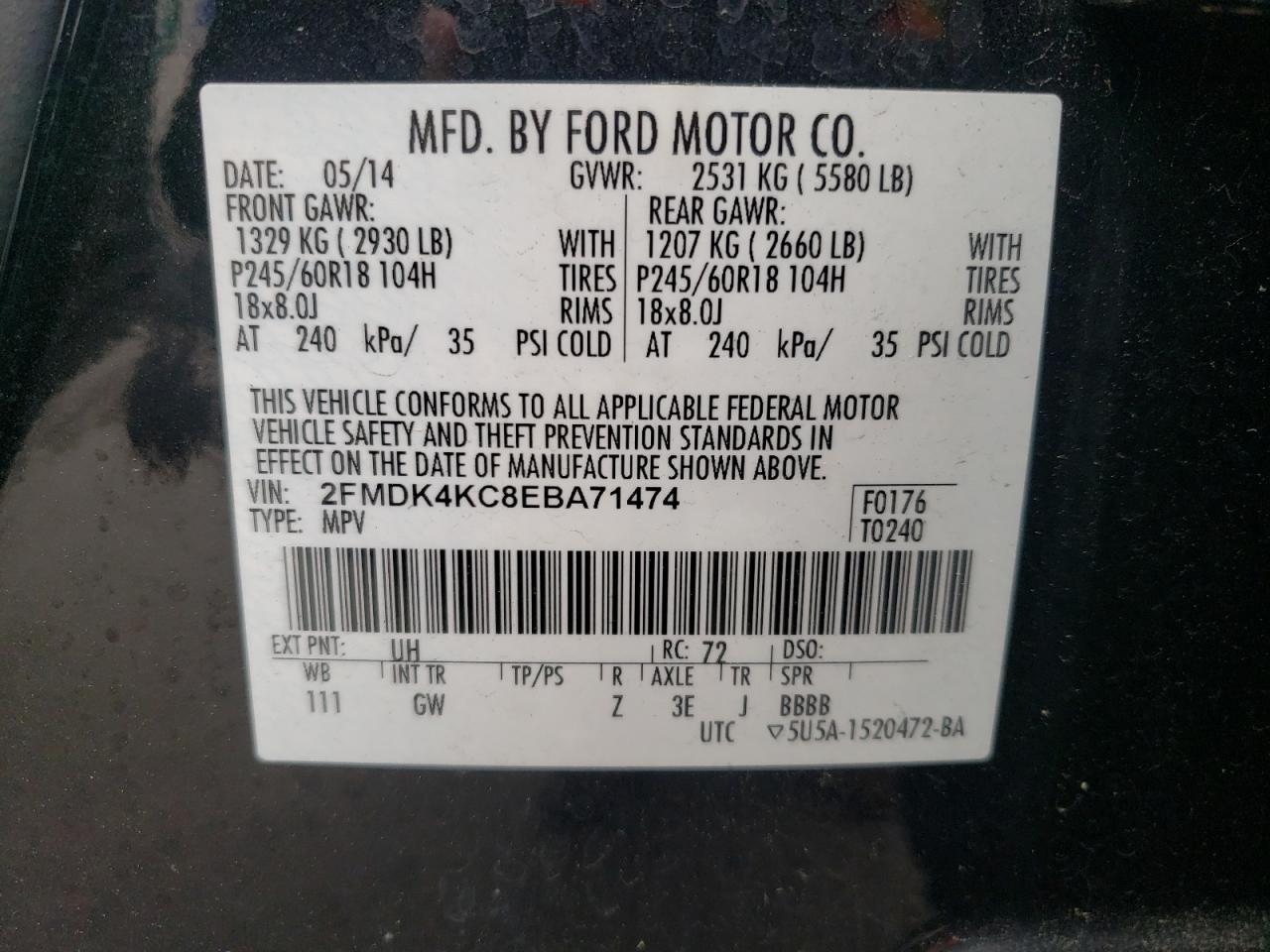 Photo 10 from auction – 2014 FORD EDGE LIMIT with VIN 2FMDK4KC8EBA71474
