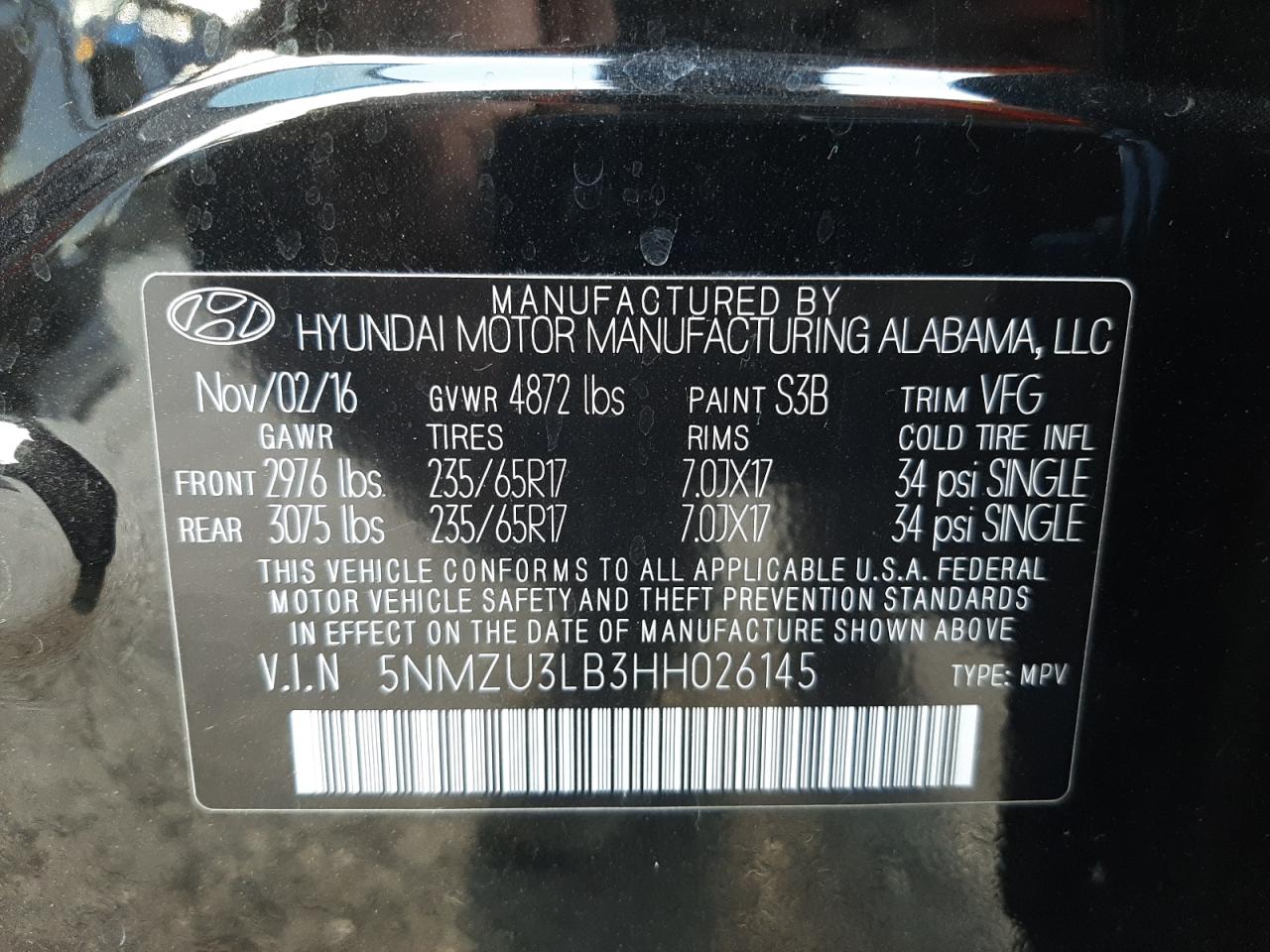 Photo 10 from auction – 2017 HYUNDAI SANTA FE S with VIN 5NMZU3LB3HH026145