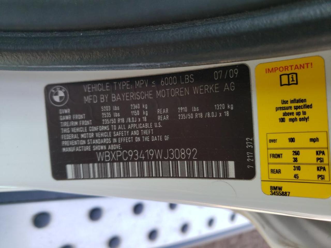 Photo 10 from auction – 2009 BMW X3 XDRIVE3 with VIN WBXPC93419WJ30892